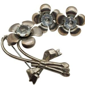 Flower Power Brooch Screw Back Earrings Blue Glass Stones Pin Silver Tone Vtg